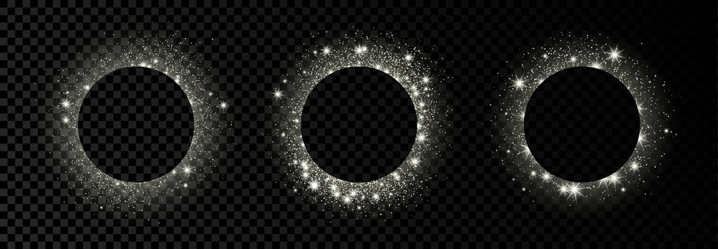 Set of three silver circle frames with glitter, sparkles and flares on dark background. Empty luxury backdrop. Vector illustration.