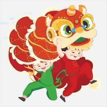 Excited children performing lion dance on white background, Happy lunar year vector