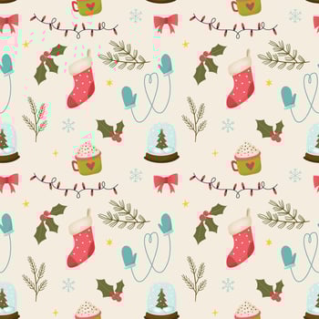 Christmas seamless pattern. Xmas festive background with snow globe, mittens, garland, holly, branches, coffee cup vector