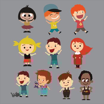 Vector Illustration of Cute Kids Playing Outside. Happy kids cartoon collection. Multicultural children in different positions isolated on white background.