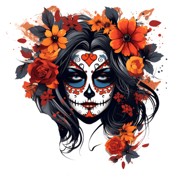 Artistic Cartoon Style Day of the Dead Style Girl Makeup Costume Candy Skull Makeup No Background Perfect for Print on Demand AI Generative png