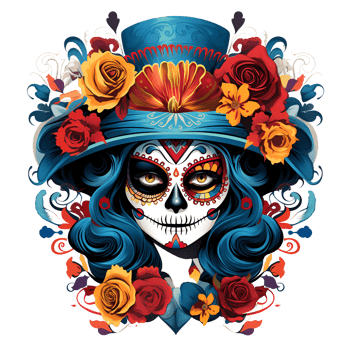 Artistic Cartoon Style Day of the Dead Style Girl Makeup Costume Candy Skull Makeup No Background Perfect for Print on Demand AI Generative png