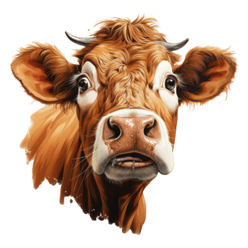 Simmental cow looks surprised with big eyes . AI Generated png