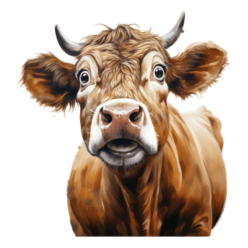 Simmental cow looks surprised with big eyes . AI Generated png
