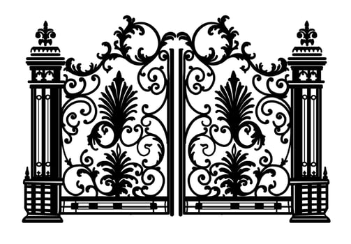ANTIQUE METAL GATE. Black on white sketch of wrought iron bi-fold garden doors. Church gate with scrolls and leaves. vector