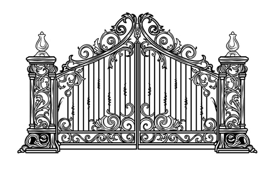 ANTIQUE METAL GATE. Black on white sketch of wrought iron bi-fold garden doors. Church gate with scrolls and leaves. vector