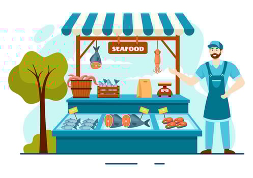 Seafood Market Stall Vector Illustration with Fresh Fish Products such as Octopus, Clams, Shrimp and Lobster in Flat Cartoon Background Design