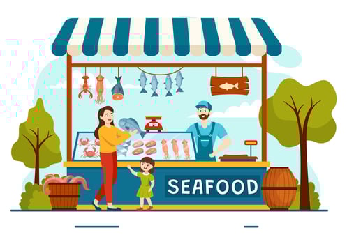 Seafood Market Stall Vector Illustration with Fresh Fish Products such as Octopus, Clams, Shrimp and Lobster in Flat Cartoon Background Design