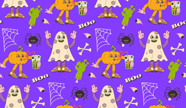 Colorful seamless pattern for Halloween. Vector background with pumpkin and ghost characters in retro cartoon style.