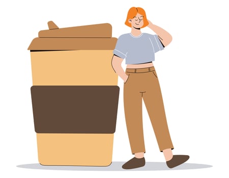 Young cartoon woman standing next to a huge paper glass of coffee or tea. Young beautiful girl coffee lover. Vector isolated flat illustration.