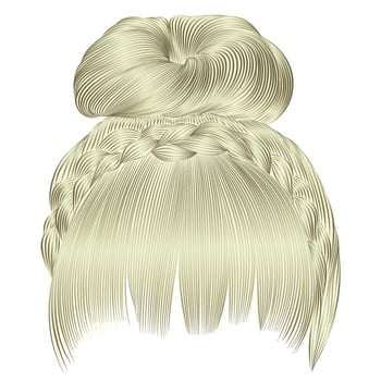bun with plait and fringe. hairs blond light colors . women fashion beauty style . vector