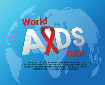 World AIDS day december 1 th. awareness red ribbon as Symbol HIV and Cancer and 3D text on blue map background. illustration vector for banner, poster and social media post.