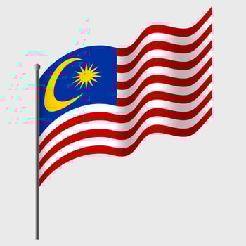 Waved Malaysia flag. Malaysian flag on flagpole. Vector emblem of Malaysia