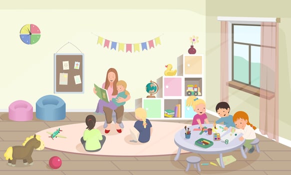 Kindergarten, preschool activities. Educator reads a book, children drawing, make crafts. Kids study with teacher. Modern room with furniture, sunlight from window. vector