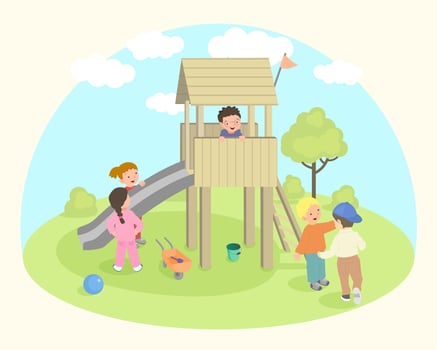 Happy children playing at playground. Vector illustration