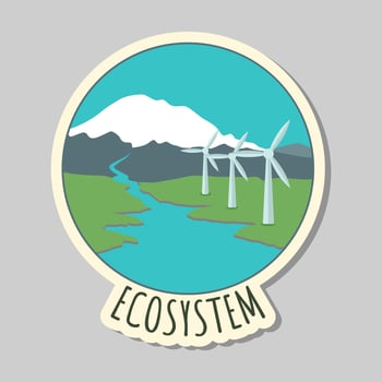 Ecology sticker with text ecosystem. Love our earth, save energy, save planet. Eco label. Care for nature vector
