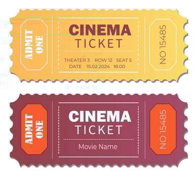 Cinema ticket template isolated on white background. Admit one, movie ticket samples icon. vector