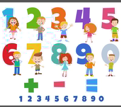 educational numbers set with comic children characters vector