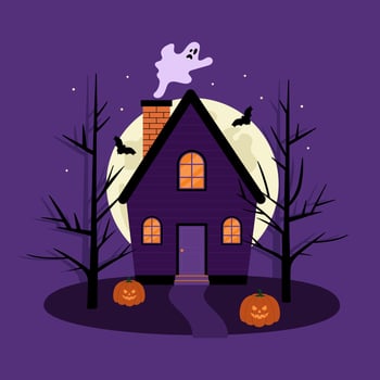 Halloween haunted house. Spooky landscape with violet house, trees, pumpkins, bats, ghost and big moon. Vector flat illustration on purple background