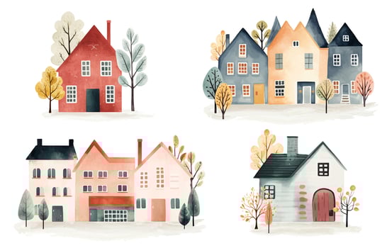 Set of scandinavian cards houses and trees. European street. Cute scandi watercolor homes. Childish illustration vector