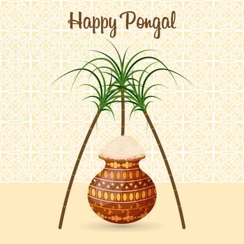 Festive Happy Pongal background with sugar cane and pot of rice. Hindu harvest festival. Illustration, vector
