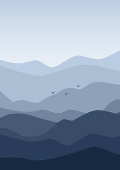 Aesthetic minimalist blue mountains with flock landscape illustration vector