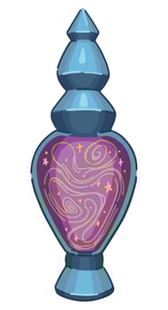 Fantasy potion, magic elixir. Glass bulb with celestial liquid. Halloween vector illustration in modern style. Witchcraft item doodle isolated on white background.