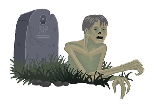 Zombie dead man crawling out of the grave, spooky doodle. Halloween vector illustration in cartoon style. Scary monster clip art isolated on white.