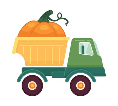 Truck pumpkin harvest 2D cartoon object. Vegetable farmland vehicle isolated vector item white background. Thanksgiving autumn season. Ripe pumpkin delivery transportation color flat spot illustration