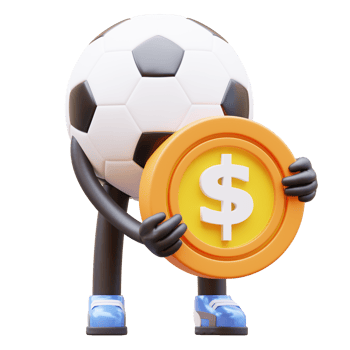 3D soccer ball character holding a coin with a dollar sign on it png