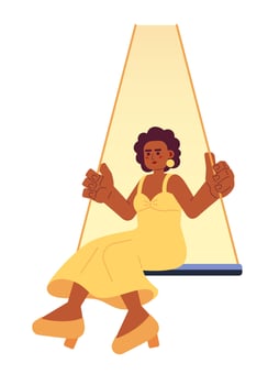 Beautiful african american woman swinging 2D cartoon character. Black lady sitting on hanging swing isolated vector person white background. Leisure activity color flat spot illustration