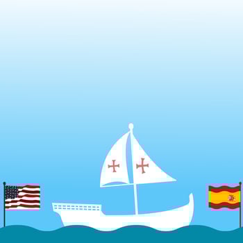 Columbus Day Copy Space Background with Sailing ship sailboat. Christopher Columbus National USA Holiday banner with American Flag, sea waves, Steer Wheel and compass. Discovery of America Spain theme vector