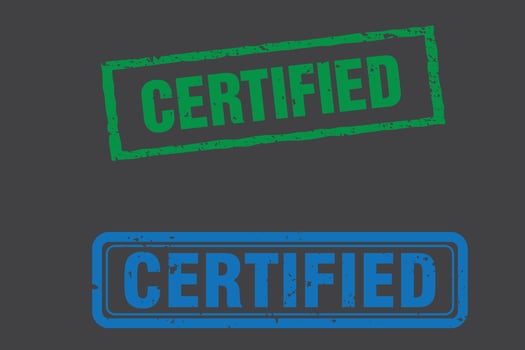 Certified badge, stamp. Green and blue seal of origin and quality. Certification flat button with certificate inscription. vector