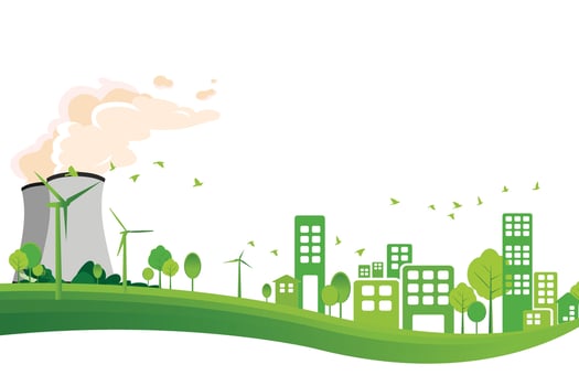nuclear power plants versus clean solar panels and wind turbines with renewable energy. Vector illustration shows clean electricity generation production.