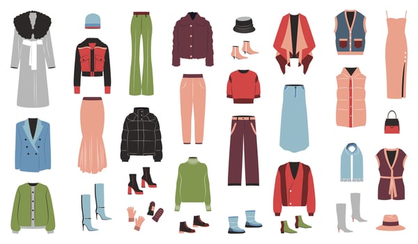 Winter clothing, garments and accessories set. Female apparel, dresses, pants, shoes, gloves, coats, sweaters, hats in casual style. Flat graphic vector illustrations isolated on white background