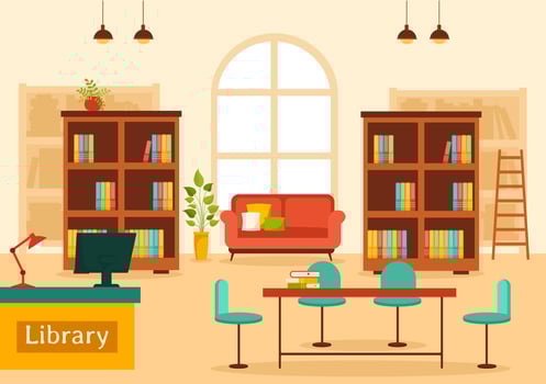 Library Vector Illustration of Book Shelves with Interior Wooden Furniture for Reading, Education and Knowledge in Flat Cartoon Background Design