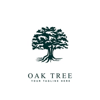 Vector silhouette of oak tree with sun. Nature and ecology logo design template