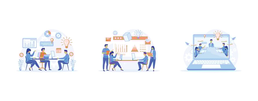 business meeting, business work flow, time management, planning, Corporate business team having a meeting in a virtual office room, set flat vector modern illustration