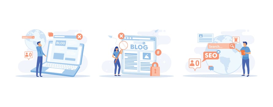 Blog promotion mistake. Inefficient SEO optimization. Ineffective keywords analysis. Content production without SEO content audit. set flat vector modern illustration