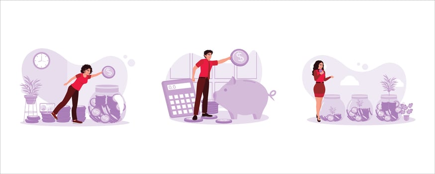 Save money for the future. Holding a coin and putting it into the piggy bank. Savings in a glass jar with a bank concept. Save Money concept. Set Trend Modern vector flat illustration