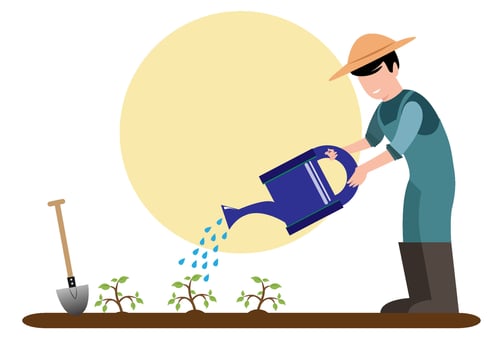 Vector illustration of a gardener watering a vegetable garden in a flat style. A farmer in a blue uniform with garden equipment watering can, shovel, broom, cart grows plants