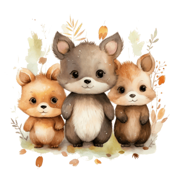 Cute woodland animals in watercolor style. isolated png