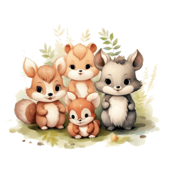 Cute woodland animals in watercolor style. isolated png