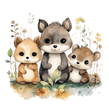 Cute woodland animals in watercolor style. isolated png