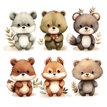 Cute woodland animals in watercolor style. isolated png