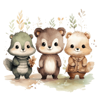 Cute woodland animals in watercolor style. isolated png