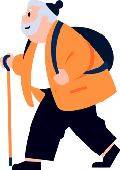 Hand Drawn Elderly characters walk with canes in flat style png