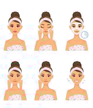 Set of woman doing home beauty treatments. Facial care. vector
