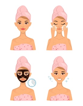 Set of woman doing home beauty treatments. Facial care. vector