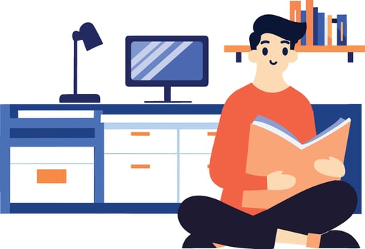 Hand Drawn A male character is sitting and reading a book in his office in flat style vector